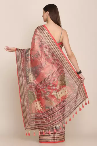 Digital Print Rapier Jequared Saree With Unstitched Blouse And Beautiful Multicoloured Thred Work At Pallu