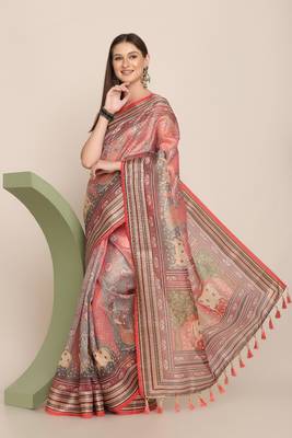 Digital Print Rapier Jequared Saree With Unstitched Blouse And Beautiful Multicoloured Thred Work At Pallu 4