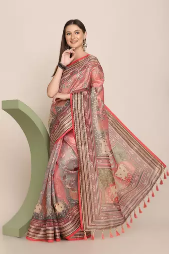 Digital Print Rapier Jequared Saree With Unstitched Blouse And Beautiful Multicoloured Thred Work At Pallu