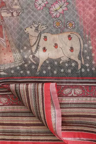 Digital Print Rapier Jequared Saree With Unstitched Blouse And Beautiful Multicoloured Thred Work At Pallu