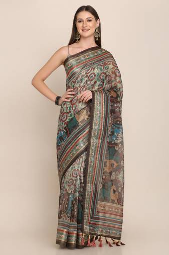 Digital Print Rapier Jequared Saree With Unstitched Blouse And Beautiful Multicoloured Thred Work At Pallu