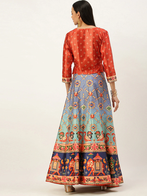Bandhni Patola Type Digital Print Shiney Satin Croptop Lehenga Choli With Unstitched Blouse For Women and Girls 4