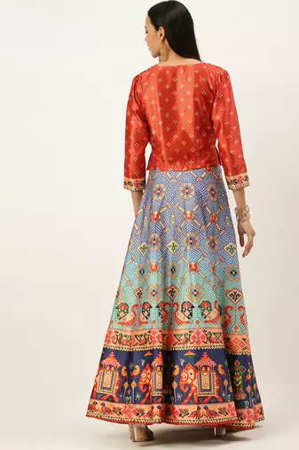 Bandhni Patola Type Digital Print Shiney Satin Croptop Lehenga Choli With Unstitched Blouse For Women and Girls