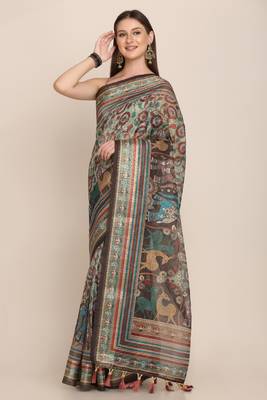Digital Print Rapier Jequared Saree With Unstitched Blouse And Beautiful Multicoloured Thred Work At Pallu 2