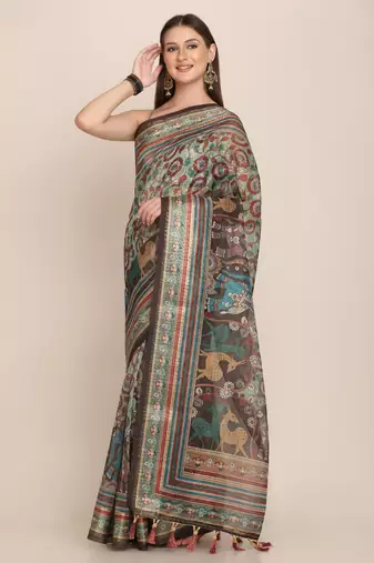Digital Print Rapier Jequared Saree With Unstitched Blouse And Beautiful Multicoloured Thred Work At Pallu