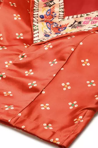 Bandhni Patola Type Digital Print Shiney Satin Croptop Lehenga Choli With Unstitched Blouse For Women and Girls