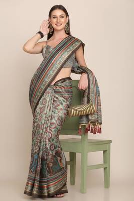 Digital Print Rapier Jequared Saree With Unstitched Blouse And Beautiful Multicoloured Thred Work At Pallu 4