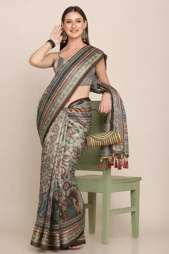 Digital Print Rapier Jequared Saree With Unstitched Blouse And Beautiful Multicoloured Thred Work At Pallu