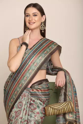 Digital Print Rapier Jequared Saree With Unstitched Blouse And Beautiful Multicoloured Thred Work At Pallu