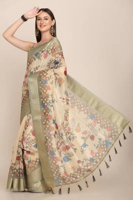 Digital Print Rapier Jequared Saree With Unstitched Blouse And Beautiful Multicoloured Thred Work At Pallu 2