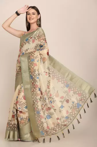 Digital Print Rapier Jequared Saree With Unstitched Blouse And Beautiful Multicoloured Thred Work At Pallu
