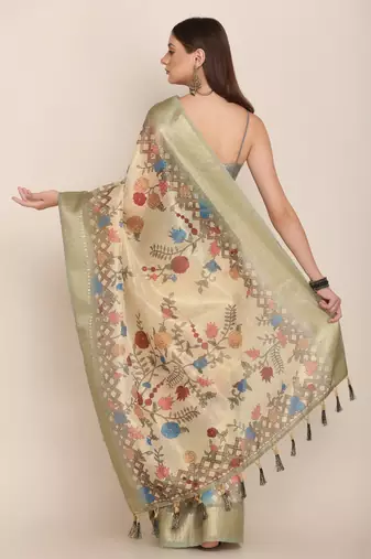 Digital Print Rapier Jequared Saree With Unstitched Blouse And Beautiful Multicoloured Thred Work At Pallu