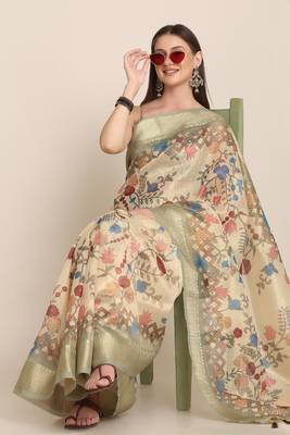 Digital Print Rapier Jequared Saree With Unstitched Blouse And Beautiful Multicoloured Thred Work At Pallu 4
