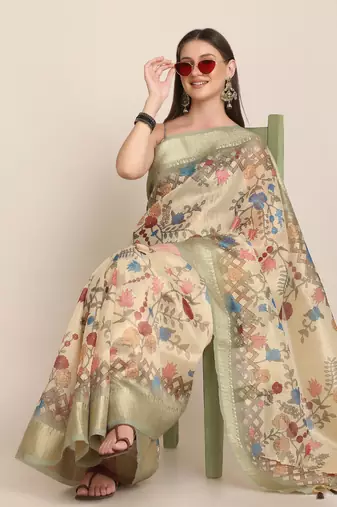 Digital Print Rapier Jequared Saree With Unstitched Blouse And Beautiful Multicoloured Thred Work At Pallu