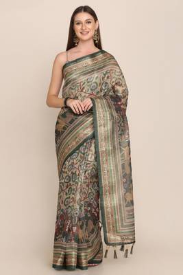 Digital Print Rapier Jequared Saree With Unstitched Blouse And Beautiful Multicoloured Thred Work At Pallu 1