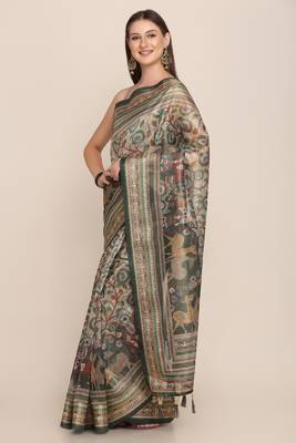 Digital Print Rapier Jequared Saree With Unstitched Blouse And Beautiful Multicoloured Thred Work At Pallu 2