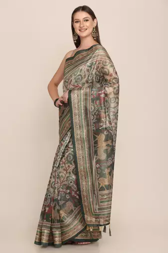 Digital Print Rapier Jequared Saree With Unstitched Blouse And Beautiful Multicoloured Thred Work At Pallu