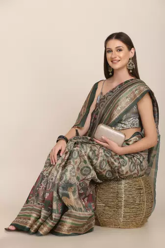 Digital Print Rapier Jequared Saree With Unstitched Blouse And Beautiful Multicoloured Thred Work At Pallu