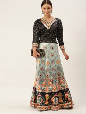 Bandhni Patola Type Digital Print Shiney Satin Croptop Lehenga Choli With Unstitched Blouse For Women and Girls 1