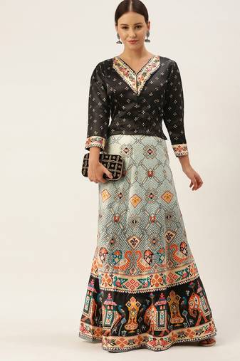 Bandhni Patola Type Digital Print Shiney Satin Croptop Lehenga Choli With Unstitched Blouse For Women and Girls