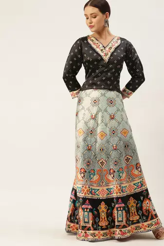 Bandhni Patola Type Digital Print Shiney Satin Croptop Lehenga Choli With Unstitched Blouse For Women and Girls