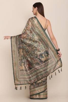 Digital Print Rapier Jequared Saree With Unstitched Blouse And Beautiful Multicoloured Thred Work At Pallu 4