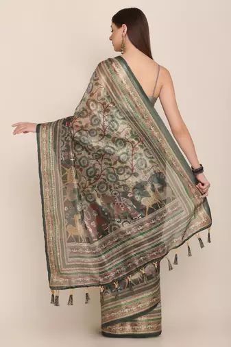 Digital Print Rapier Jequared Saree With Unstitched Blouse And Beautiful Multicoloured Thred Work At Pallu