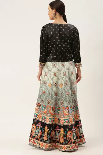 Bandhni Patola Type Digital Print Shiney Satin Croptop Lehenga Choli With Unstitched Blouse For Women and Girls