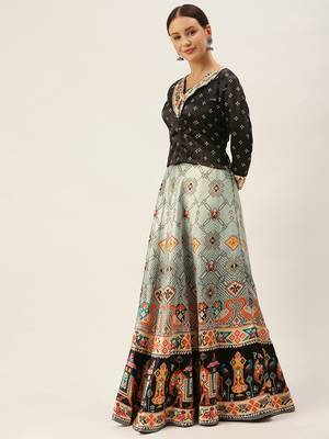 Bandhni Patola Type Digital Print Shiney Satin Croptop Lehenga Choli With Unstitched Blouse For Women and Girls 4