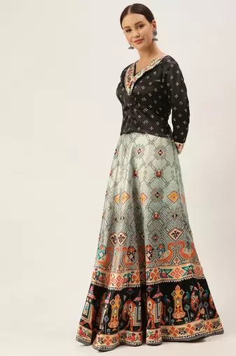 Bandhni Patola Type Digital Print Shiney Satin Croptop Lehenga Choli With Unstitched Blouse For Women and Girls