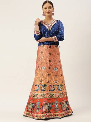 Bandhni Patola Type Digital Print Shiney Satin Croptop Lehenga Choli With Unstitched Blouse For Women and Girls 1