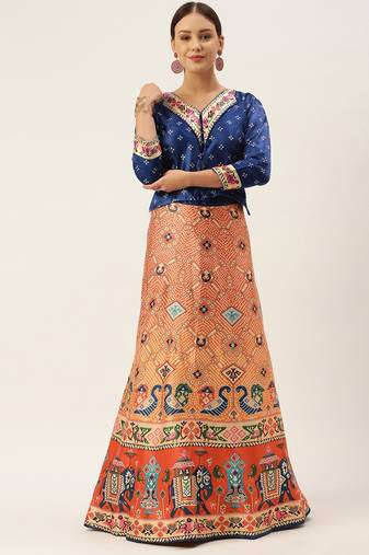 Bandhni Patola Type Digital Print Shiney Satin Croptop Lehenga Choli With Unstitched Blouse For Women and Girls