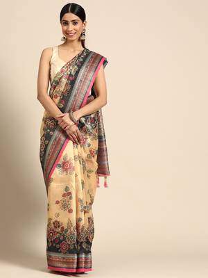 Digital Print Rapier Jequared Saree With Unstitched Blouse And Beautiful Multicoloured Thred Work At Pallu 1
