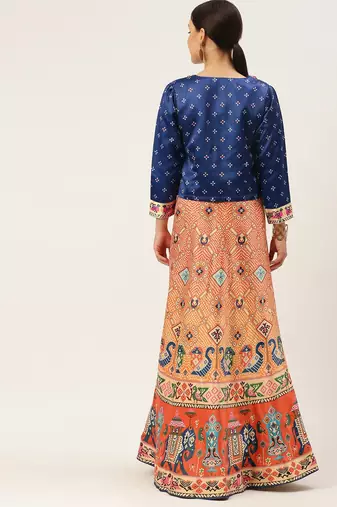 Bandhni Patola Type Digital Print Shiney Satin Croptop Lehenga Choli With Unstitched Blouse For Women and Girls
