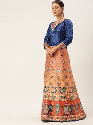 Bandhni Patola Type Digital Print Shiney Satin Croptop Lehenga Choli With Unstitched Blouse For Women and Girls 3