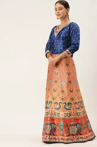 Bandhni Patola Type Digital Print Shiney Satin Croptop Lehenga Choli With Unstitched Blouse For Women and Girls