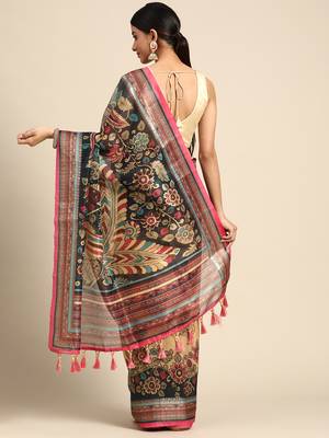 Digital Print Rapier Jequared Saree With Unstitched Blouse And Beautiful Multicoloured Thred Work At Pallu 2
