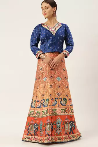 Bandhni Patola Type Digital Print Shiney Satin Croptop Lehenga Choli With Unstitched Blouse For Women and Girls