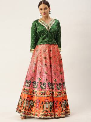 Bandhni Patola Type Digital Print Shiney Satin Croptop Lehenga Choli With Unstitched Blouse For Women and Girls 1