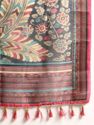 Digital Print Rapier Jequared Saree With Unstitched Blouse And Beautiful Multicoloured Thred Work At Pallu 4