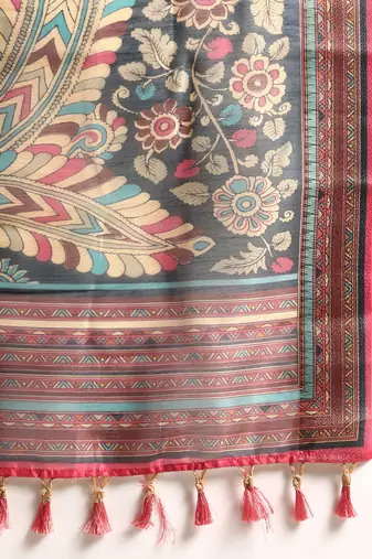 Digital Print Rapier Jequared Saree With Unstitched Blouse And Beautiful Multicoloured Thred Work At Pallu