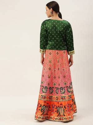 Bandhni Patola Type Digital Print Shiney Satin Croptop Lehenga Choli With Unstitched Blouse For Women and Girls 2
