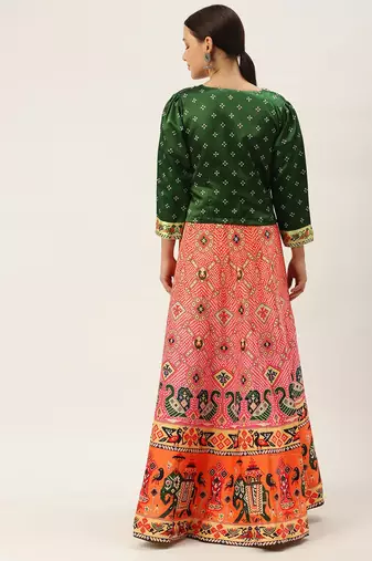 Bandhni Patola Type Digital Print Shiney Satin Croptop Lehenga Choli With Unstitched Blouse For Women and Girls