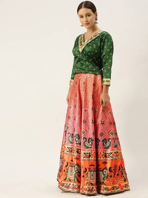 Bandhni Patola Type Digital Print Shiney Satin Croptop Lehenga Choli With Unstitched Blouse For Women and Girls 3