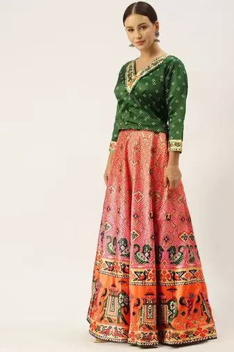 Bandhni Patola Type Digital Print Shiney Satin Croptop Lehenga Choli With Unstitched Blouse For Women and Girls