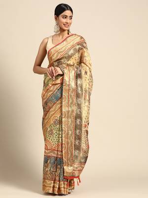 Digital Print Rapier Jequared Saree With Unstitched Blouse And Beautiful Multicoloured Thred Work At Pallu 1