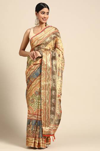 Digital Print Rapier Jequared Saree With Unstitched Blouse And Beautiful Multicoloured Thred Work At Pallu