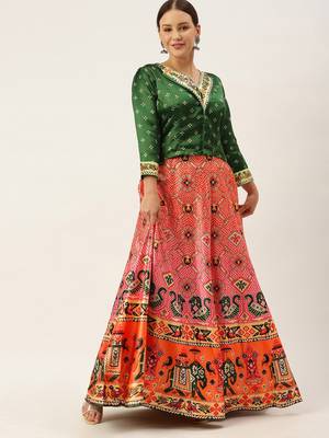 Bandhni Patola Type Digital Print Shiney Satin Croptop Lehenga Choli With Unstitched Blouse For Women and Girls 4