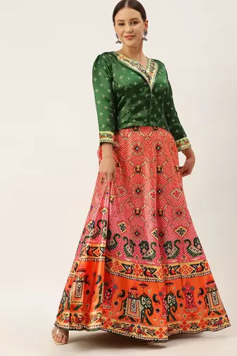 Bandhni Patola Type Digital Print Shiney Satin Croptop Lehenga Choli With Unstitched Blouse For Women and Girls