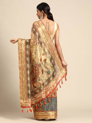 Digital Print Rapier Jequared Saree With Unstitched Blouse And Beautiful Multicoloured Thred Work At Pallu 2